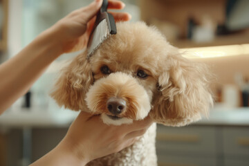 Close-up of a professional groomer combing the fluffy fur of a cute poodle with a special brush, ensuring the pet's coat remains healthy, clean, and well-maintained