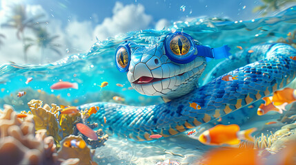 A cheerful blue snake, adorable in its demeanor, dives beneath the ocean's surface, swimming alongside colorful fish and use snorkel and swimming mask as it explores the vibrant underwater world