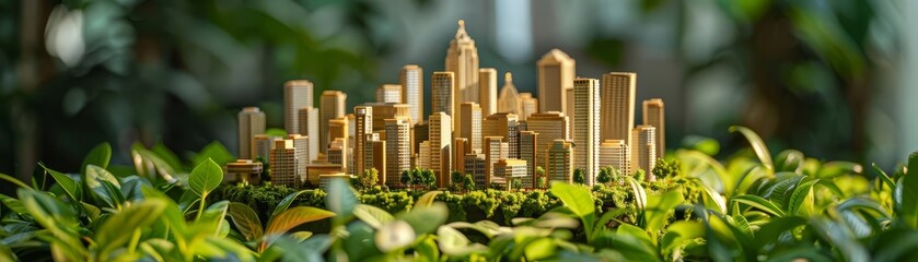 Expert urban planner developing a miniature cityscape, emphasizing modern architecture and sustainable design principles, surrounded by green plants