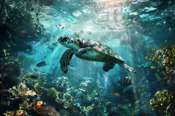 Fototapeta premium Vibrant underwater ecosystem with diverse marine life and majestic swimming sea turtle