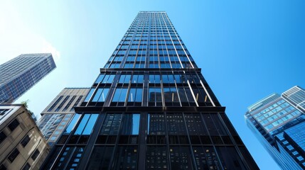 Symmetrical modern tall building with glass panels in striking city skyline