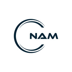 NAM logo. N A M design. White NAM letter. NAM, N A M letter logo design. N A M letter logo design in FIVE, FOUR, THREE, style. letter logo set in one artboard. N A M letter logo vector design.	
