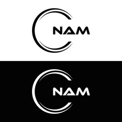 NAM logo. N A M design. White NAM letter. NAM, N A M letter logo design. N A M letter logo design in FIVE, FOUR, THREE, style. letter logo set in one artboard. N A M letter logo vector design.	
