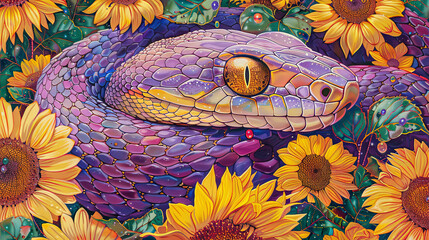 In the heart of the painting rests a snake with soft purple hues, its eyes gleaming in gold. Bright colors surround it, with vibrant yellow sunflowers encircling the serpent
