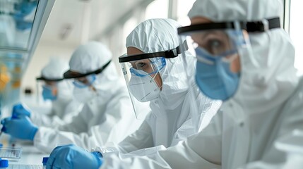 Scientists in a research lab studying animal genetics, wearing full safety equipment, isolated on white background, copy space