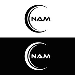 NAM logo. N A M design. White NAM letter. NAM, N A M letter logo design. N A M letter logo design in FIVE, FOUR, THREE, style. letter logo set in one artboard. N A M letter logo vector design.	

