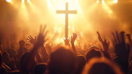 people silhouette with raised hands at christian concert worship God and Jesus Christ, on yellow background. Christian concept