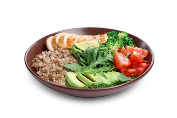 Healthy meal. Tasty vegetables, buckwheat and chicken breast in bowl isolated on white