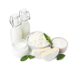 Different fresh dairy products and mint isolated on white