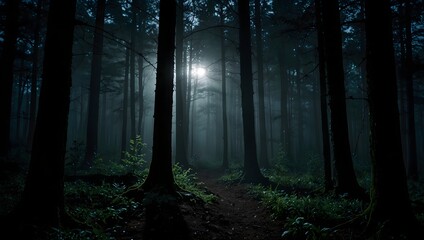 Naklejka premium A forest at night, alive with whispers and shadows ai_generated