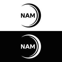 NAM logo. N A M design. White NAM letter. NAM, N A M letter logo design. N A M letter logo design in FIVE, FOUR, THREE, style. letter logo set in one artboard. N A M letter logo vector design.	
