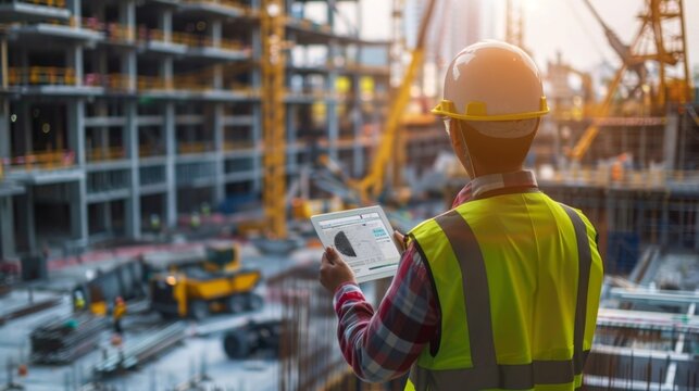 A project manager on-site with a tablet, coordinating various construction activities, set amidst a busy construction site with cranes and machinery. --ar 16:9 --style raw 