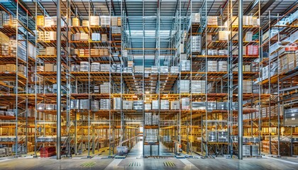 High quality photo of commercial warehouse with high shelves in industrial logistics companies