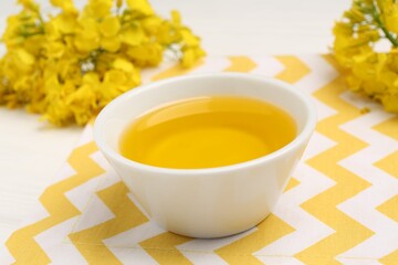 Rapeseed oil in bowl and beautiful yellow flowers on table, closeup