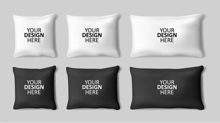 Vector realistic 3d white and black pillow set closeup isolated on gray background.