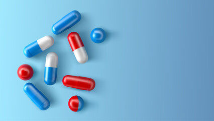 Assorted pharmaceutical medicine pills, tablets and capsules on blue background. Vector illustration
