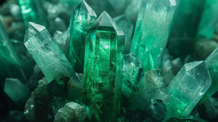 Stunning emeralds with vibrant green hues seen up close. These emeralds, perfect for jewelry, emit a radiant glow in low light. They are exquisite gems, boasting crystal-clear green tones