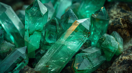 Stunning emeralds with vibrant green hues seen up close. These emeralds, perfect for jewelry, emit a radiant glow in low light. They are exquisite gems, boasting crystal-clear green tones