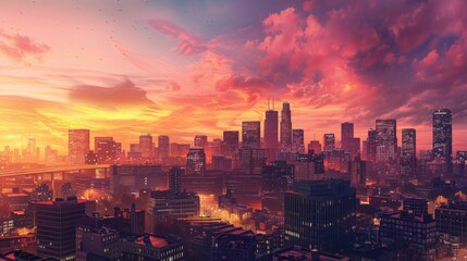 Fototapeta premium Golden Hour Glow Stunning Cityscape Silhouette at Dusk