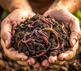 of earth fertilized by earthworms in the hands of a farmer