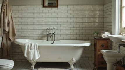Fototapeta premium A vintage-inspired bathroom with a clawfoot tub, pedestal sink, and classic white subway tiles. --ar 16:9 --style raw Job ID: ef68d55d-ca3a-4fd6-8e73-7639bab6a9cf