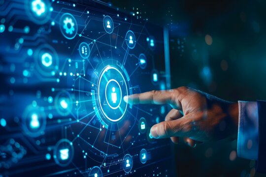 Businessman integrating global business with digital technology network icon on virtual screen