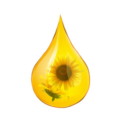 Cooking oil drop with sunflowers inside on white background