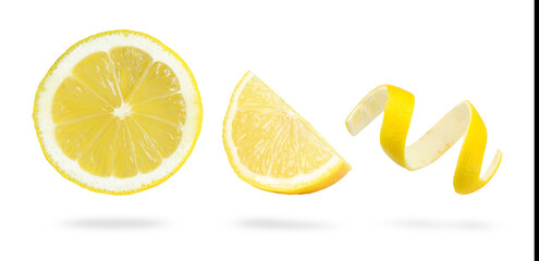 Fresh lemons with peel isolated on white, set