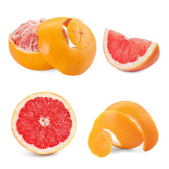 Fresh grapefruits with peel isolated on white, set