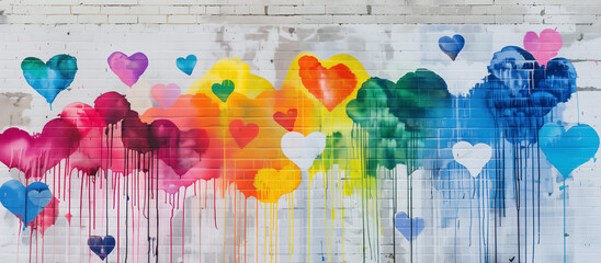 A wall with colorful graffiti paint dripping down, forming hearts