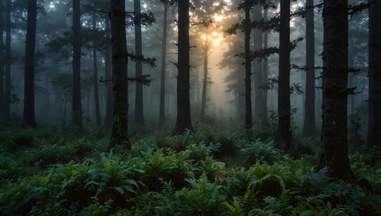 Fototapeta premium The serenity of a mist-covered forest at dawn ai_generated