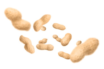 Unpeeled peanuts in air on white background
