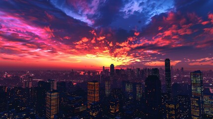 Obraz premium Cityscape Sunset Vibrant Skyline Silhouette in Urban Twilight Dramatic City Skyline with Colorful Sunset Background Modern Urban Landscape Photography