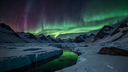 Naklejka premium A picture of a lone explorer crossing a crevasse-ridden glacier under the northern lights ai_generated