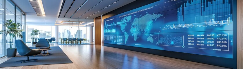 A modern corporate lobby featuring a massive interactive display of live financial data, reflecting the pace of todays digital economy