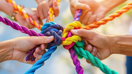 diverse hands holding colorful ropes teamwork and unity concept