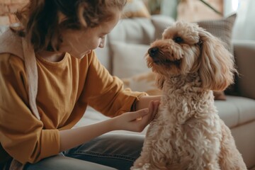 Young woman in a cozy home environment lovingly interacts with her fluffy pet dog, sharing a bond of friendship and care on a comfortable sofa