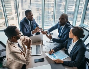 Diverse business team discussing financial reports in modern office with city view, showing graphs on laptop and paper charts during professional corporate meeting

