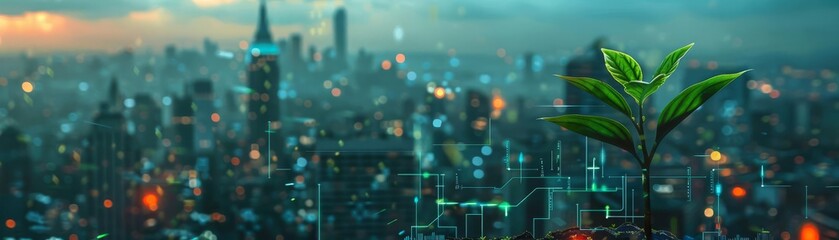 Fototapeta premium A fresh plant grows amidst a city infused with digital enhancements, illustrating the balance between technological advancement and environmental care