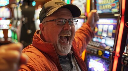 Fototapeta premium Man celebrating big win on slot machine in casino 