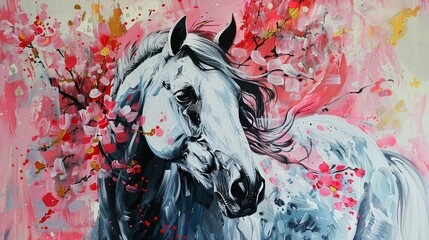 Obraz premium equine elegance a stunning abstract portrait of a horse its graceful features adorned with delicate floral elements creating a captivating piece of living room decor art acrylic painting