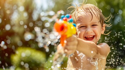 kid shoots from a water pistol on a sunny background, summer life style