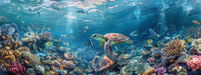Vibrant underwater world with this colorful super wide coral reef panorama banner background