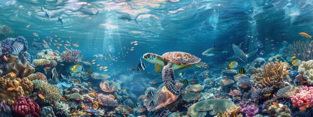 Vibrant underwater world with this colorful super wide coral reef panorama banner background © DreamPointArt