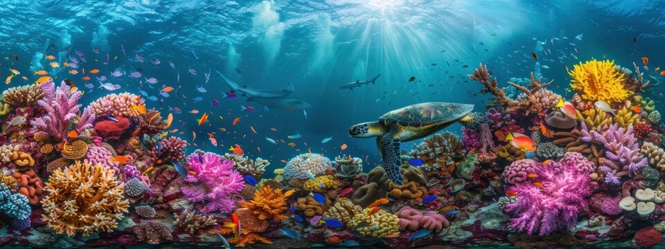 Vibrant underwater world with this colorful super wide coral reef panorama banner background