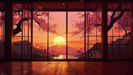 A room with sliding Japanese doors opening garden cherry blossom, sunrises overlay loop, animated virtual backgrounds, vtuber asset twitch zoom OBS, manga style anime chill hip hop 4k Animation video