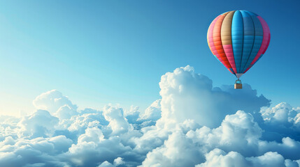 Fototapeta premium Colorful hot air balloon soaring above the clouds on a clear day, showcasing breathtaking views and a peaceful atmospheric experience.