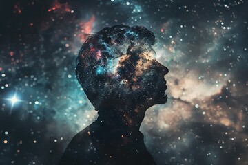 Silhouette of a person with a galaxy inside their head, representing the vastness of the human mind.
