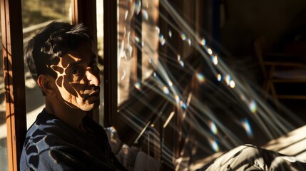 Portrait of a man sitting by the window, which shows projections of sunlight and shadows from the glass --no text, titles, hands --ar 16:9 --quality 0.5 --stylize 0 Job ID: caa4398c-1ac1-4e25-a5af