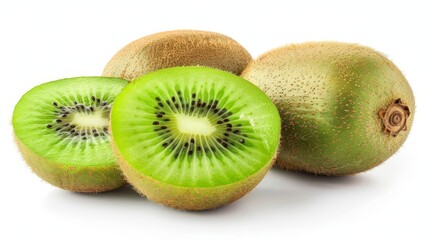 Fototapeta premium fresh kiwi fruits sliced and whole isolated on white delicious tropical fruit cut out healthy food concept